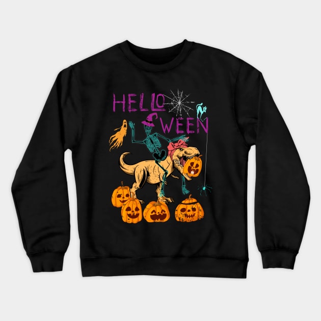 Skeleton Riding Dinosaur Messy Bun Halloween Crewneck Sweatshirt by alcoshirts